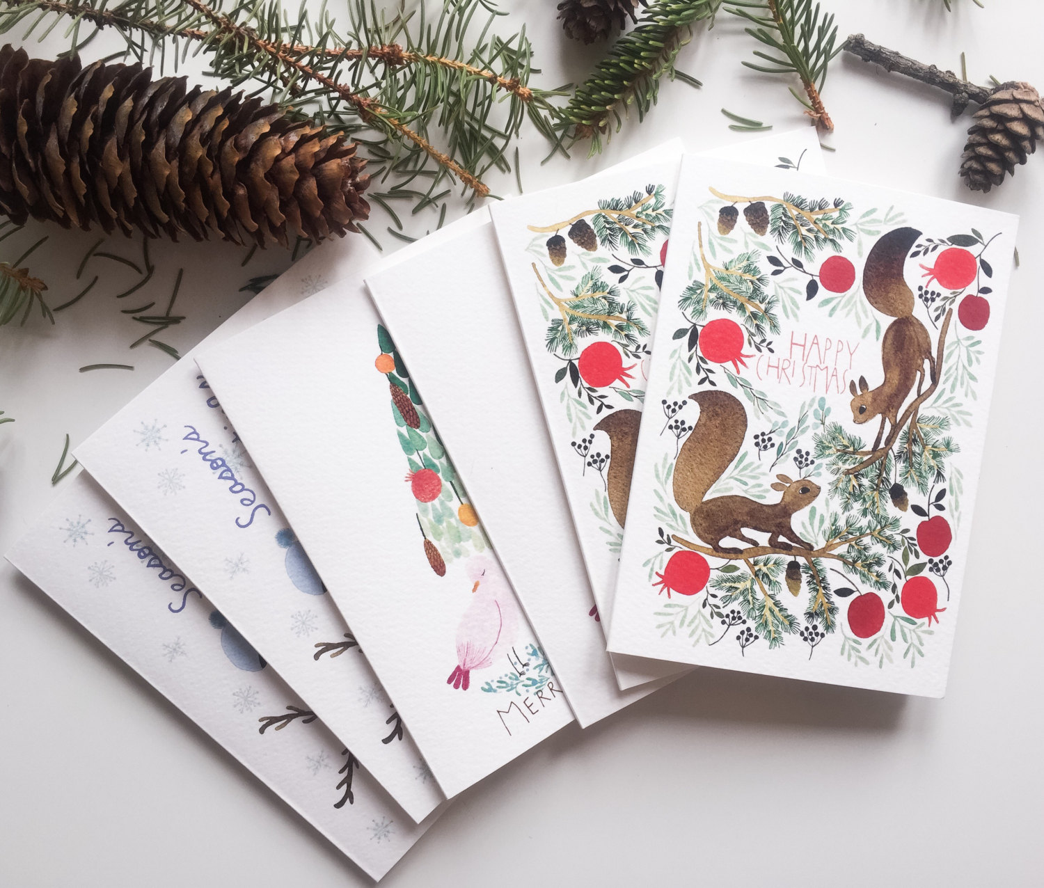 Carte de Noël ensemble, 6 carte de Noël avec illustrations à l’aquarelle, 6 cartes de Noël bois