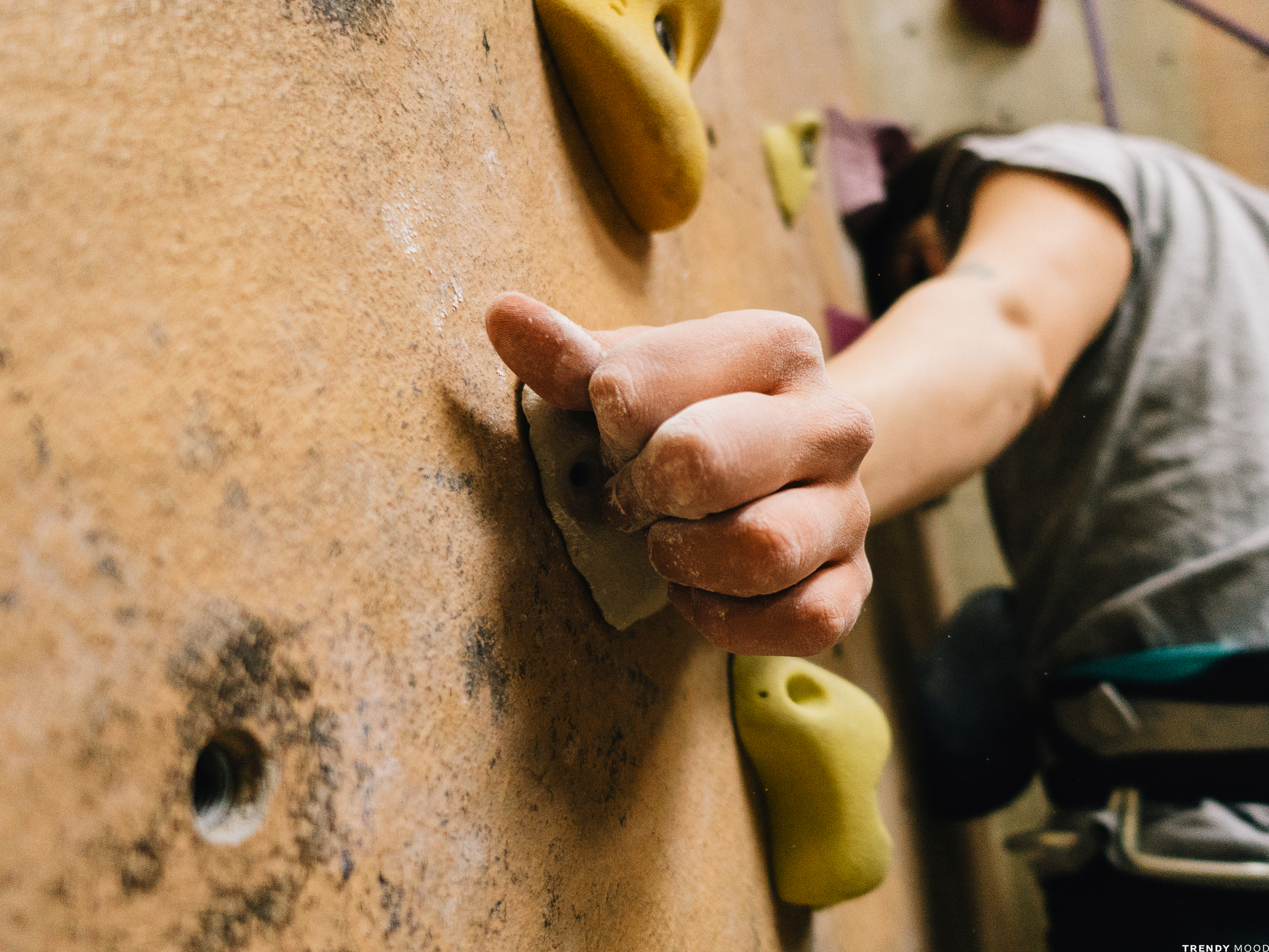 Mains de grimpeuse sur une prise d'escalade