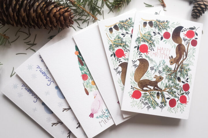 Carte de Noël ensemble, 6 carte de Noël avec illustrations à l’aquarelle, 6 cartes de Noël bois
