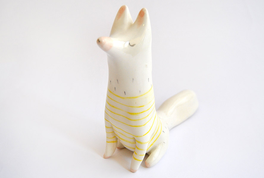 Ceramic Arctic Fox Figurine, Miniature, in White Clay and Decorated with Yellow Stripes. Ready To Ship