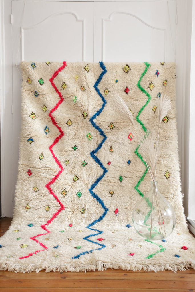 Tapis Marocain Beni Ourain en Laine Coloré / Beni Ouarain / Berbère / Azilal / Zig Zag/ Bohème / Motif Géométrique /Ethnique /