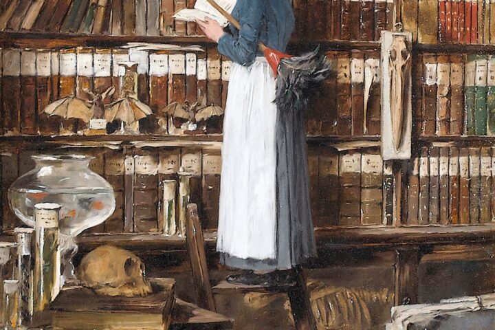 Lecture - Edouard Menta - Bibliotheksinterieur mit lesender Magd